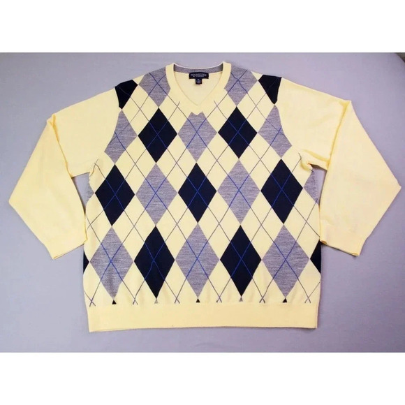 Roundtree York Sweater Men XL Yellow Knit Gray Blue Argyle Wool Blend Preppy Y2K - Picture 1 of 14